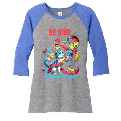 Autism Awareness Be Kind Cat Funny Gift Women's Tri-Blend 3/4-Sleeve Raglan Shirt