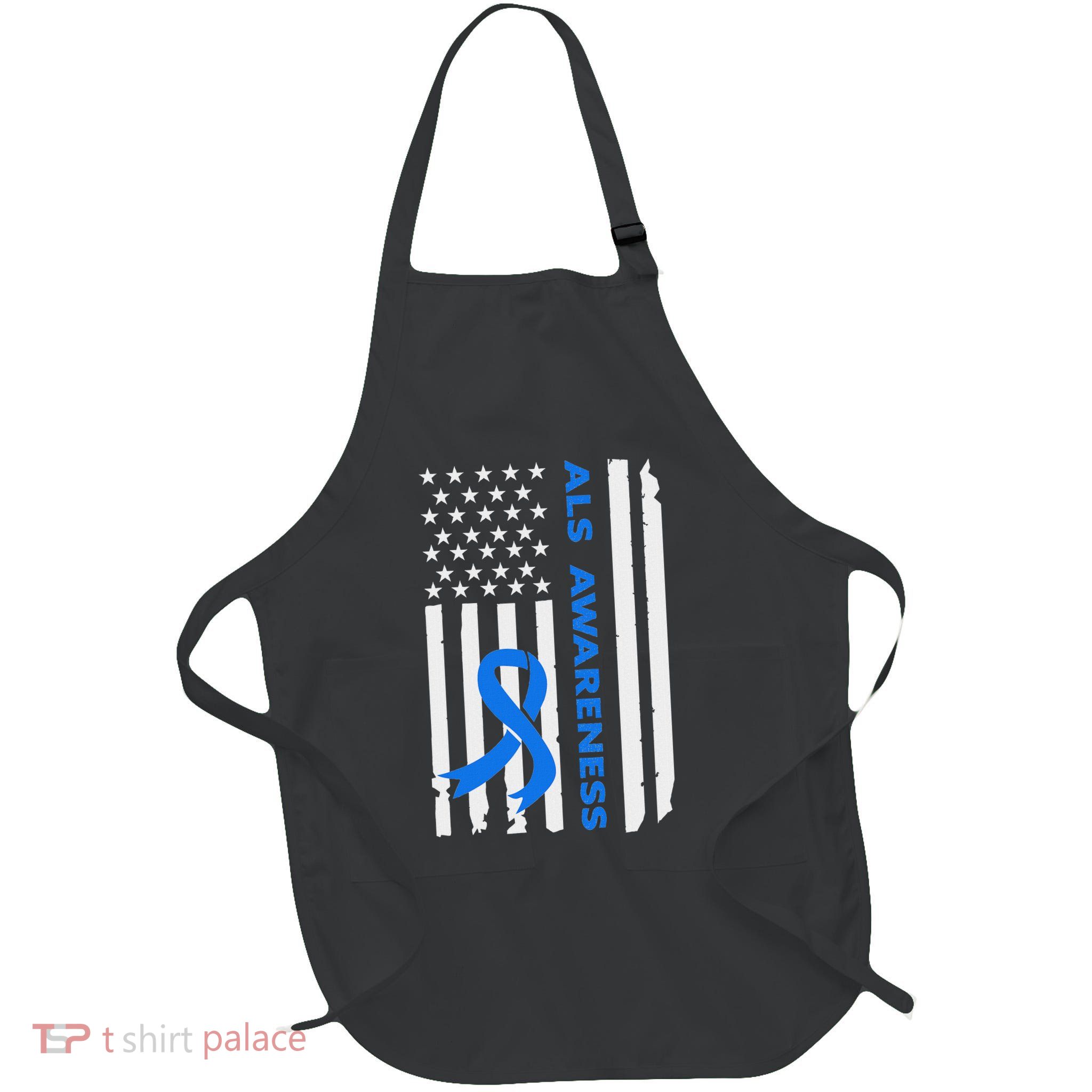 Als Awareness Blue Ribbon American Flag Full-Length Apron With Pockets