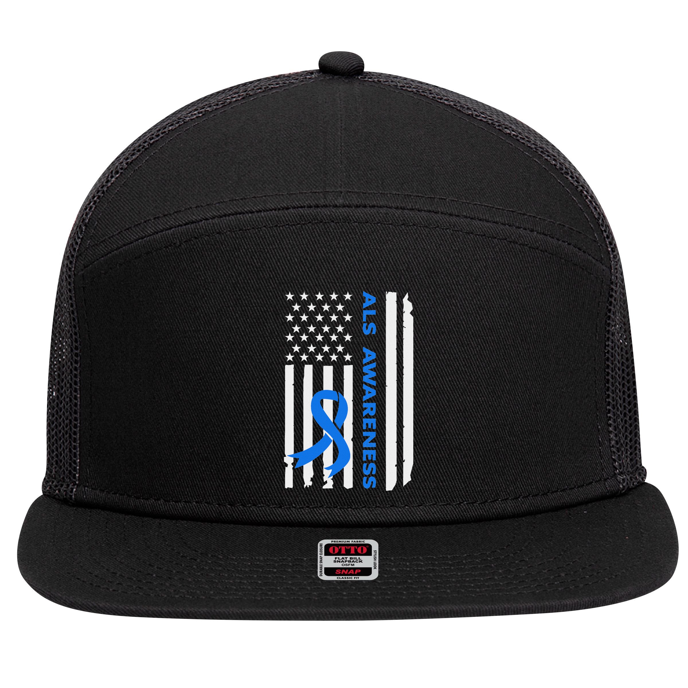 Als Awareness Blue Ribbon American Flag 7 Panel Mesh Trucker Snapback Hat
