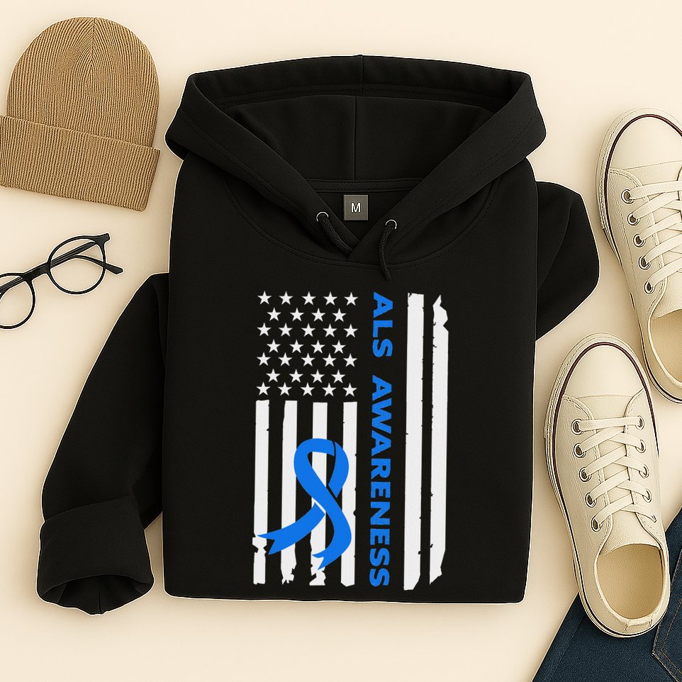 Als Awareness Blue Ribbon American Flag Hoodie