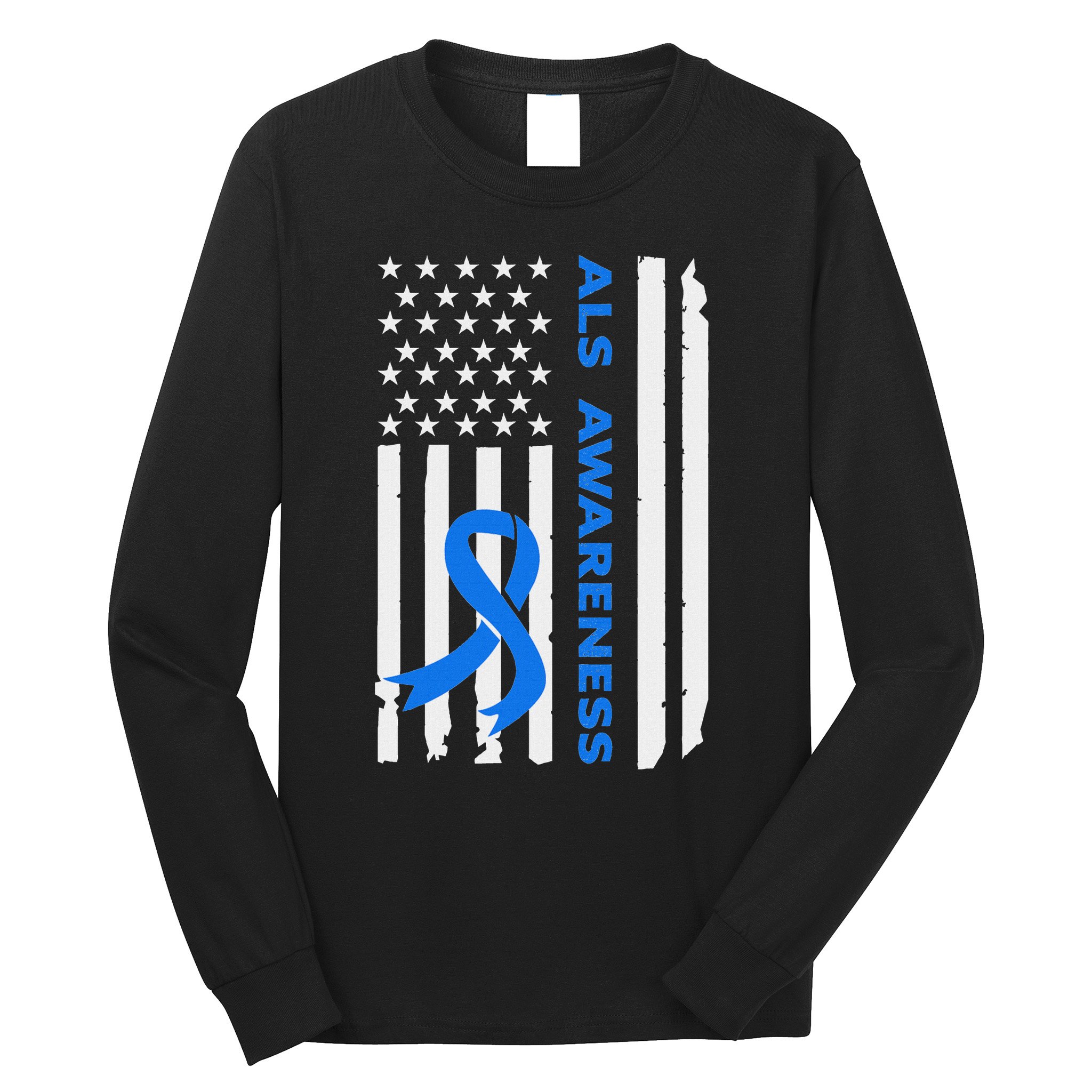 Als Awareness Blue Ribbon American Flag Long Sleeve Shirt