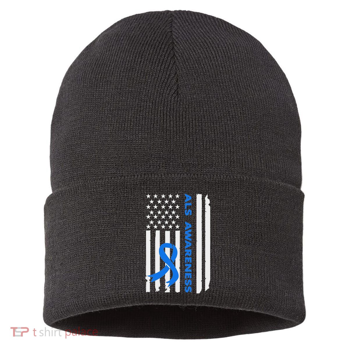 Als Awareness Blue Ribbon American Flag Sustainable Knit Beanie