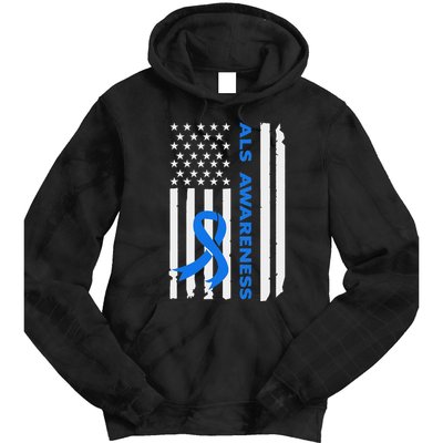 Als Awareness Blue Ribbon American Flag Tie Dye Hoodie