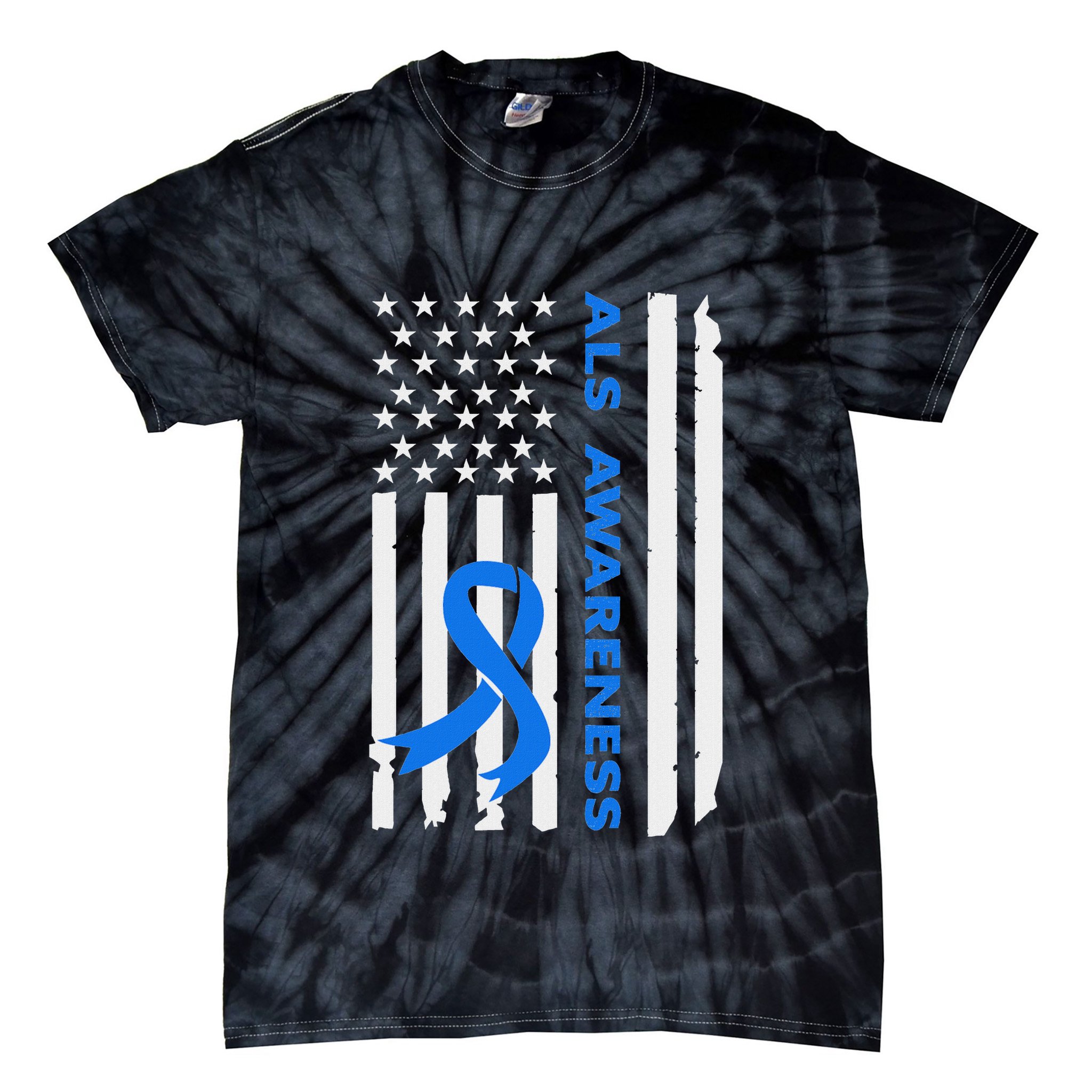 Als Awareness Blue Ribbon American Flag Tie-Dye T-Shirt