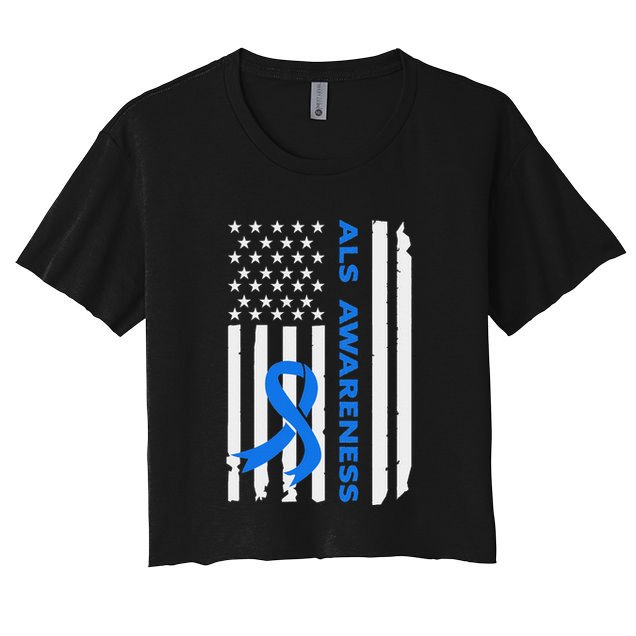 Als Awareness Blue Ribbon American Flag Women's Crop Top Tee