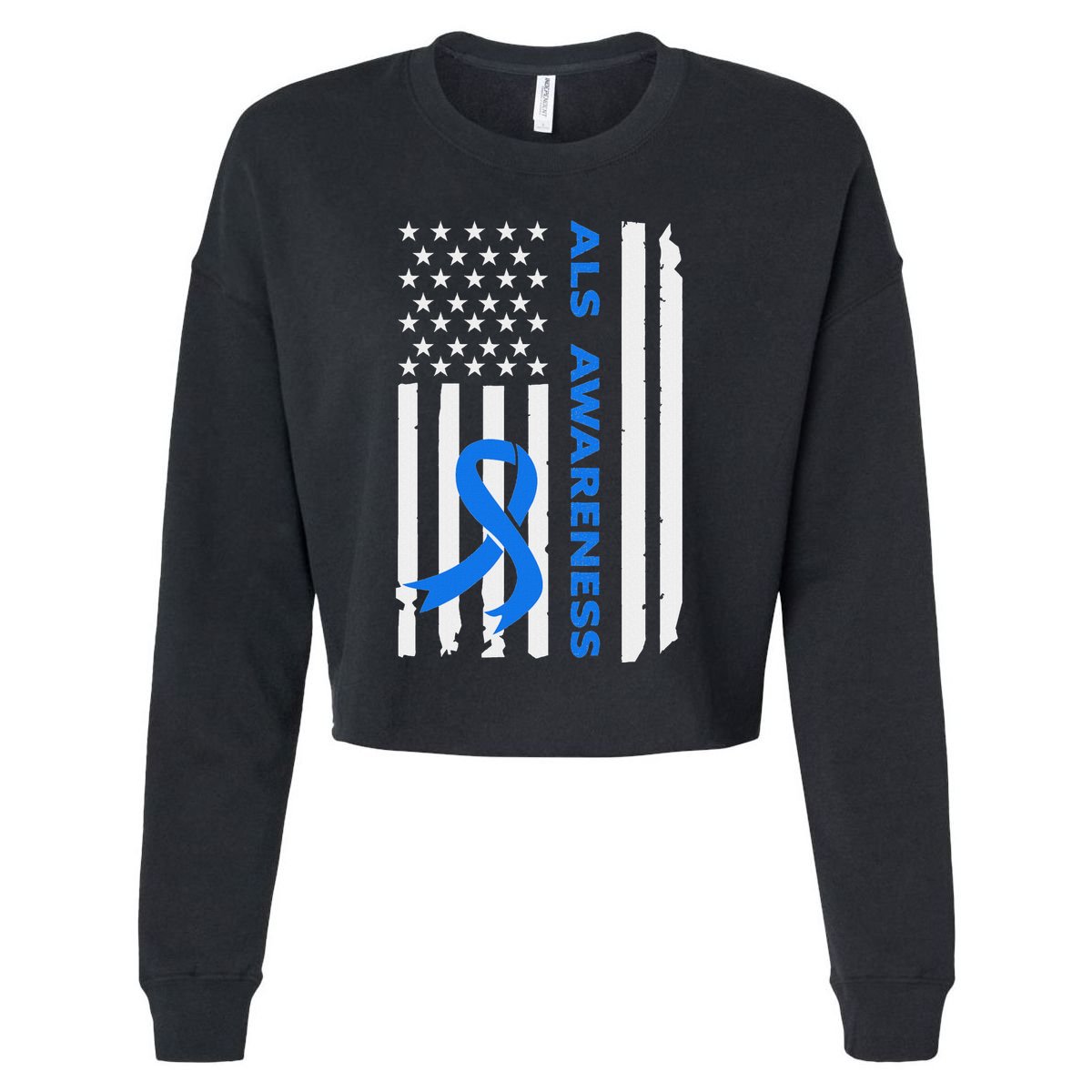 Als Awareness Blue Ribbon American Flag Cropped Pullover Crew