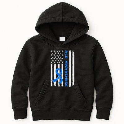 Als Awareness Blue Ribbon American Flag Kids Hoodie