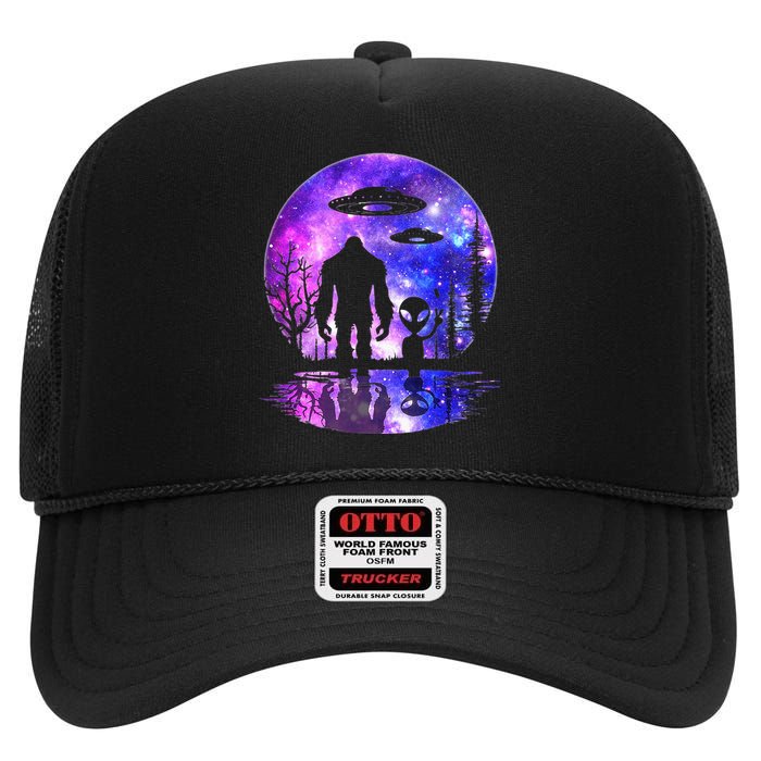 Alien And Bigfoot Full Moon Sasquatch Ufo High Crown Mesh Back Trucker Hat