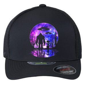 Alien And Bigfoot Full Moon Sasquatch Ufo Flexfit Unipanel Trucker Cap