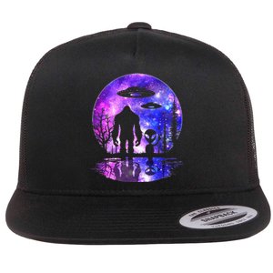 Alien And Bigfoot Full Moon Sasquatch Ufo Flat Bill Trucker Hat