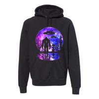 Alien And Bigfoot Full Moon Sasquatch Ufo Premium Hoodie