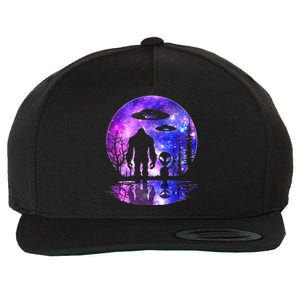 Alien And Bigfoot Full Moon Sasquatch Ufo Wool Snapback Cap