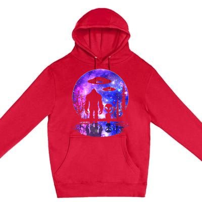 Alien And Bigfoot Full Moon Sasquatch Ufo Premium Pullover Hoodie