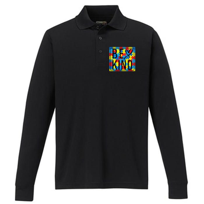 Autism Awareness Be Kind Kindness Puzzle Ribbon Heart Performance Long Sleeve Polo