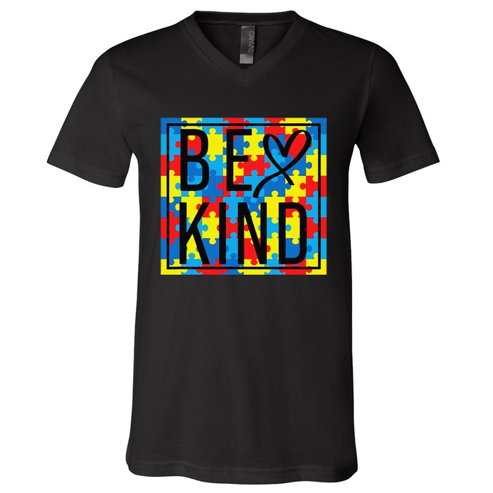 Autism Awareness Be Kind Kindness Puzzle Ribbon Heart V-Neck T-Shirt