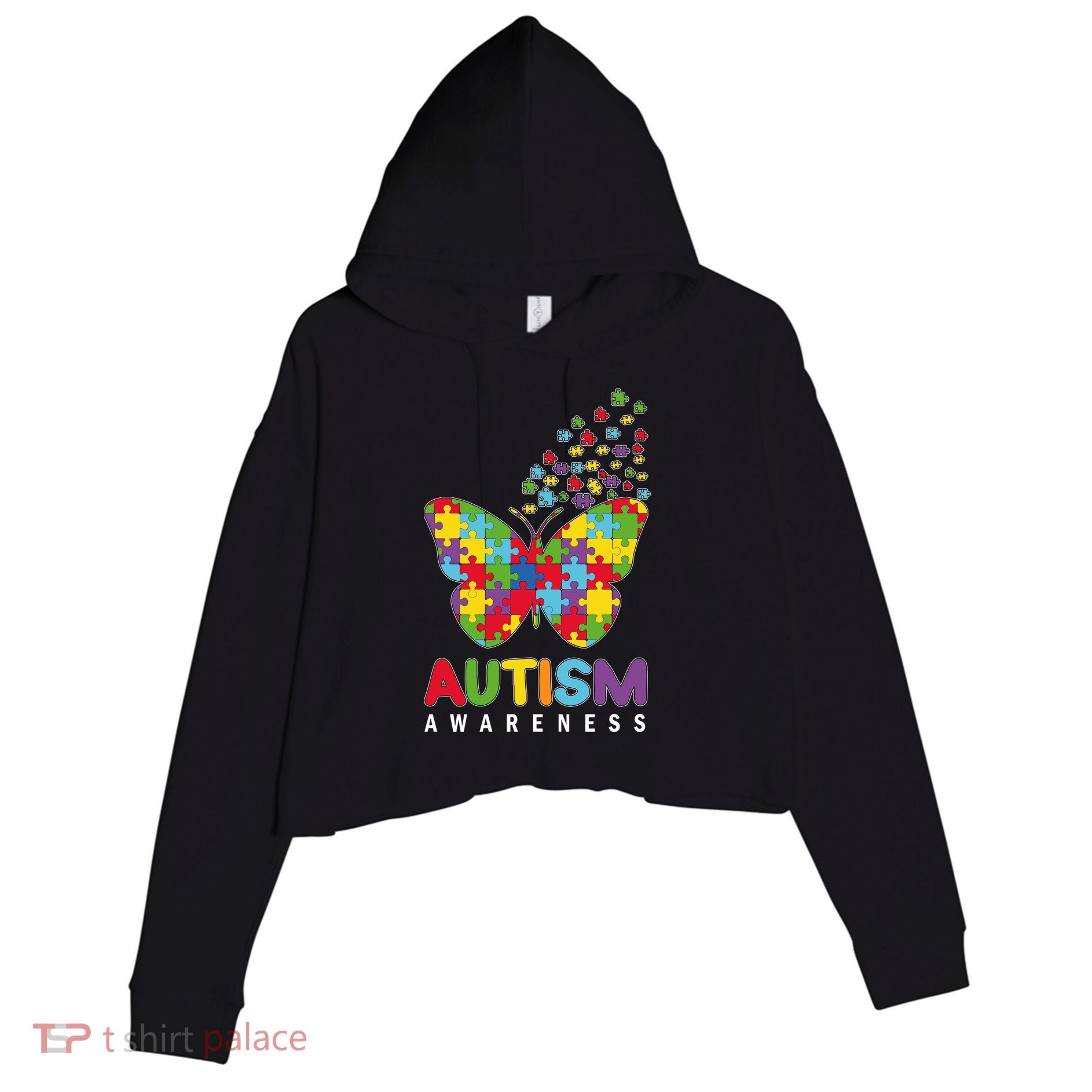 Autism Awareness Butterfly Puzzle Pieces Crop Fleece Hoodie