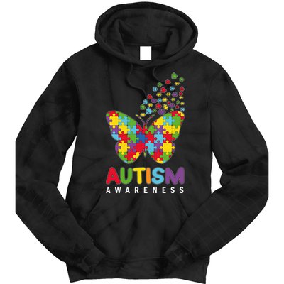 Autism Awareness Butterfly Puzzle Pieces Tie Dye Hoodie