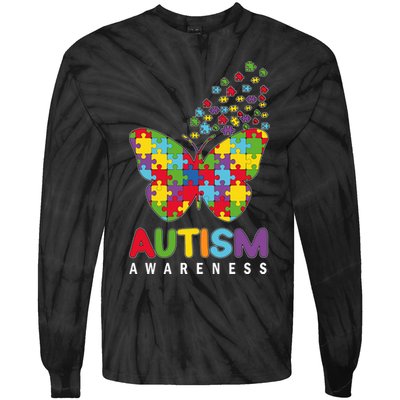 Autism Awareness Butterfly Puzzle Pieces Tie-Dye Long Sleeve Shirt