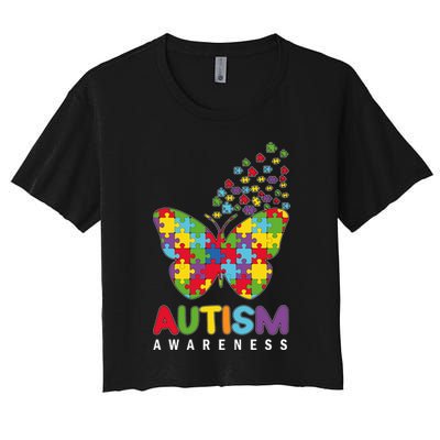 Autism Awareness Butterfly Puzzle Pieces Crop Top
