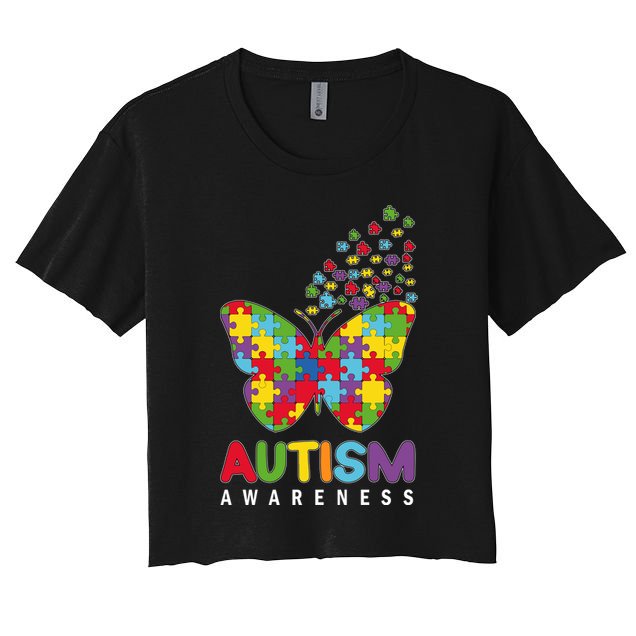 Autism Awareness Butterfly Puzzle Pieces Women's Crop Top Tee