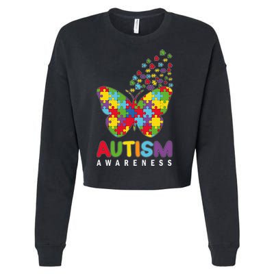 Autism Awareness Butterfly Puzzle Pieces Cropped Pullover Crew