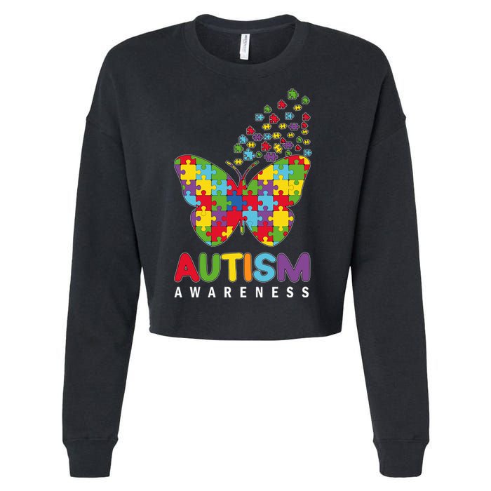 Autism Awareness Butterfly Puzzle Pieces Cropped Pullover Crew