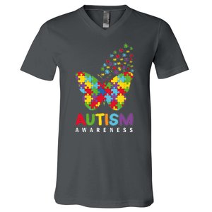 Autism Awareness Butterfly Puzzle Pieces V-Neck T-Shirt