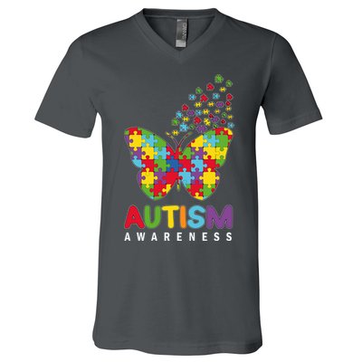 Autism Awareness Butterfly Puzzle Pieces V-Neck T-Shirt