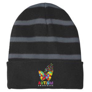 Autism Awareness Butterfly Puzzle Pieces Striped Beanie with Solid Band