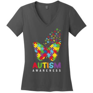 Autism Awareness Butterfly Puzzle Pieces Women's V-Neck T-Shirt