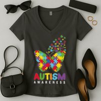 Autism Awareness Butterfly Puzzle Pieces Women's V-Neck T-Shirt