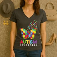Autism Awareness Butterfly Puzzle Pieces Women's V-Neck T-Shirt