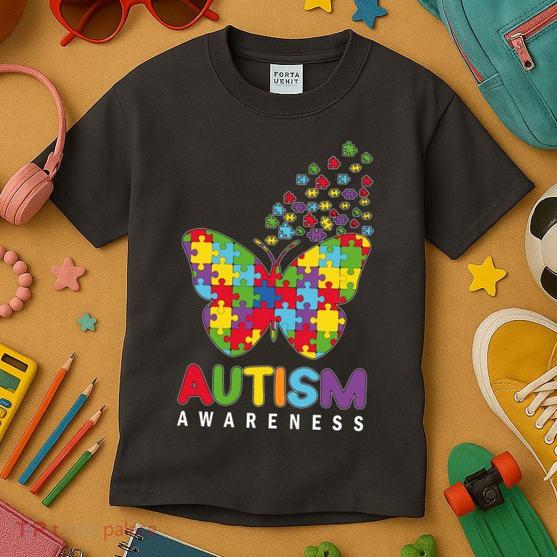 Autism Awareness Butterfly Puzzle Pieces Kids T-Shirt