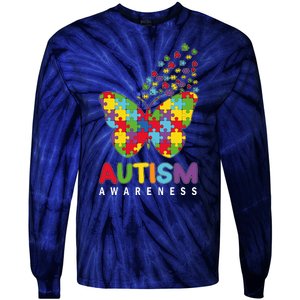 Autism Awareness Butterfly Puzzle Pieces Tie-Dye Long Sleeve Shirt