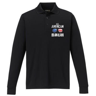 All American Bruh 4th Of July Patriotic Teens Performance Long Sleeve Polo