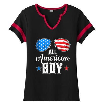 All American Boy Us Flag Sunglasses For Matching 4th Of July Ladies Halftime Notch Neck Tee