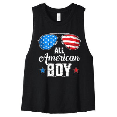 All American Boy Us Flag Sunglasses For Matching 4th Of July Women's Racerback Cropped Tank