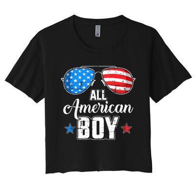 All American Boy Us Flag Sunglasses For Matching 4th Of July Women's Crop Top Tee