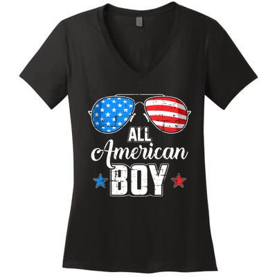 All American Boy Us Flag Sunglasses For Matching 4th Of July Women's V-Neck T-Shirt