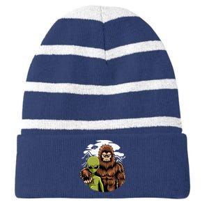 Alien And Bigfoot UFO Abduction Believer Striped Beanie with Solid Band