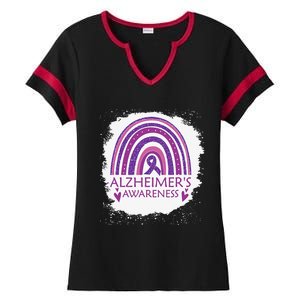 Alzheimer's Awareness Bleached Rainbow Purple Ribbon Ladies Halftime Notch Neck Tee