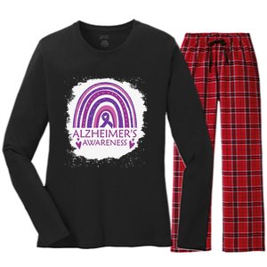 Alzheimer's Awareness Bleached Rainbow Purple Ribbon Women's Long Sleeve Flannel Pajama Set 