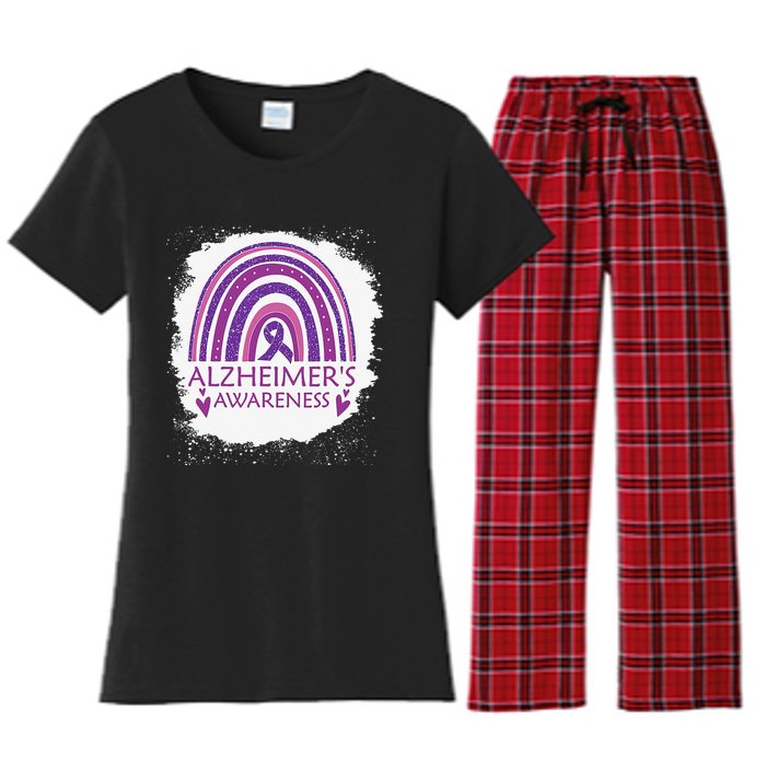 Alzheimer's Awareness Bleached Rainbow Purple Ribbon Women's Flannel Pajama Set