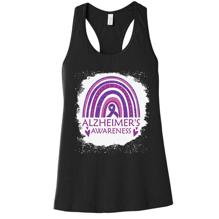 Alzheimer's Awareness Bleached Rainbow Purple Ribbon Women's Racerback Tank