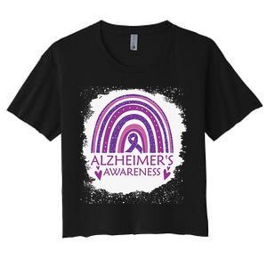 Alzheimer's Awareness Bleached Rainbow Purple Ribbon Women's Crop Top Tee