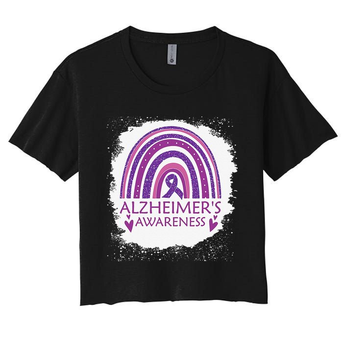 Alzheimer's Awareness Bleached Rainbow Purple Ribbon Women's Crop Top Tee