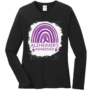 Alzheimer's Awareness Bleached Rainbow Purple Ribbon Ladies Long Sleeve Shirt