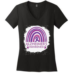 Alzheimer's Awareness Bleached Rainbow Purple Ribbon Women's V-Neck T-Shirt