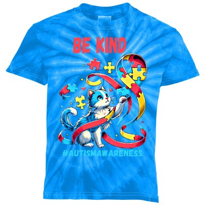 Autism Awareness Be Kind Cat Gift Kids Tie-Dye T-Shirt