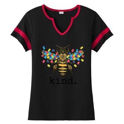 Autism Awareness Bee Kind Puzzle Pieces For Autistic Support Cool Gift Ladies Halftime Notch Neck Tee